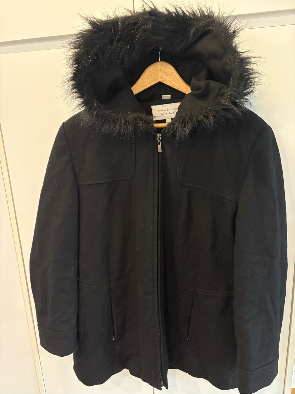Women's Wool Blend Black Hooded Trench Coat with Faux-Fur Trim